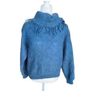 Vintage Moda International Mohair Fringe Turtleneck Sweater | Blue | S